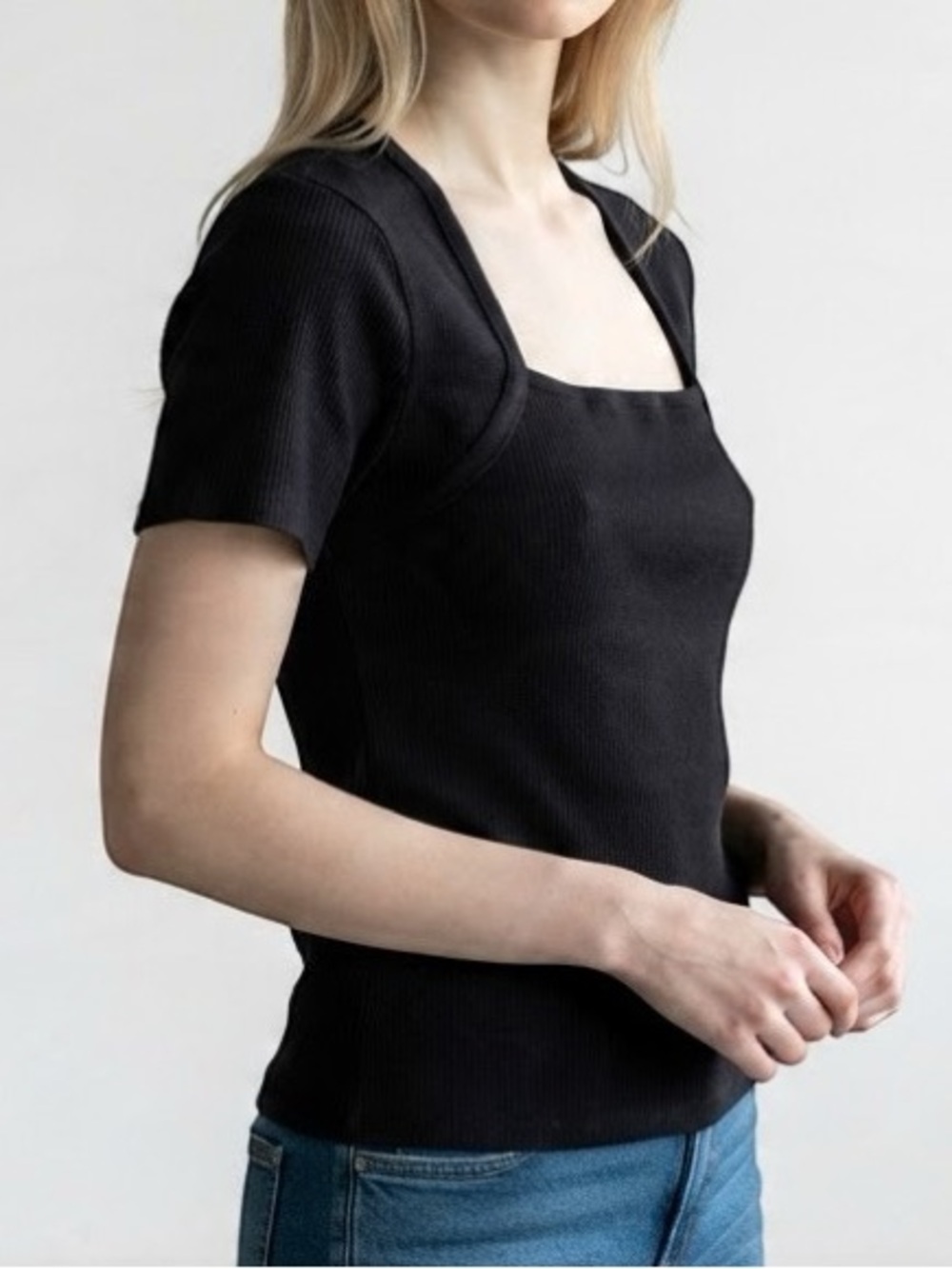 Halara Stretch Ribbed Knit Short Sleeve Shirt Square Neckline Top Black XL